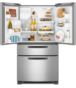 Maytag Ice2O MFX2571XEM 25 cu. ft. French Door Refrigerator, 4 Adjustable Spill-Catcher Shelves, Easy Access Refrigerator Drawer, Flush Exterior Ice/Water Dispenser, Rotating Faucet, Color LCD Touch Screen, LED Interior Lighting
